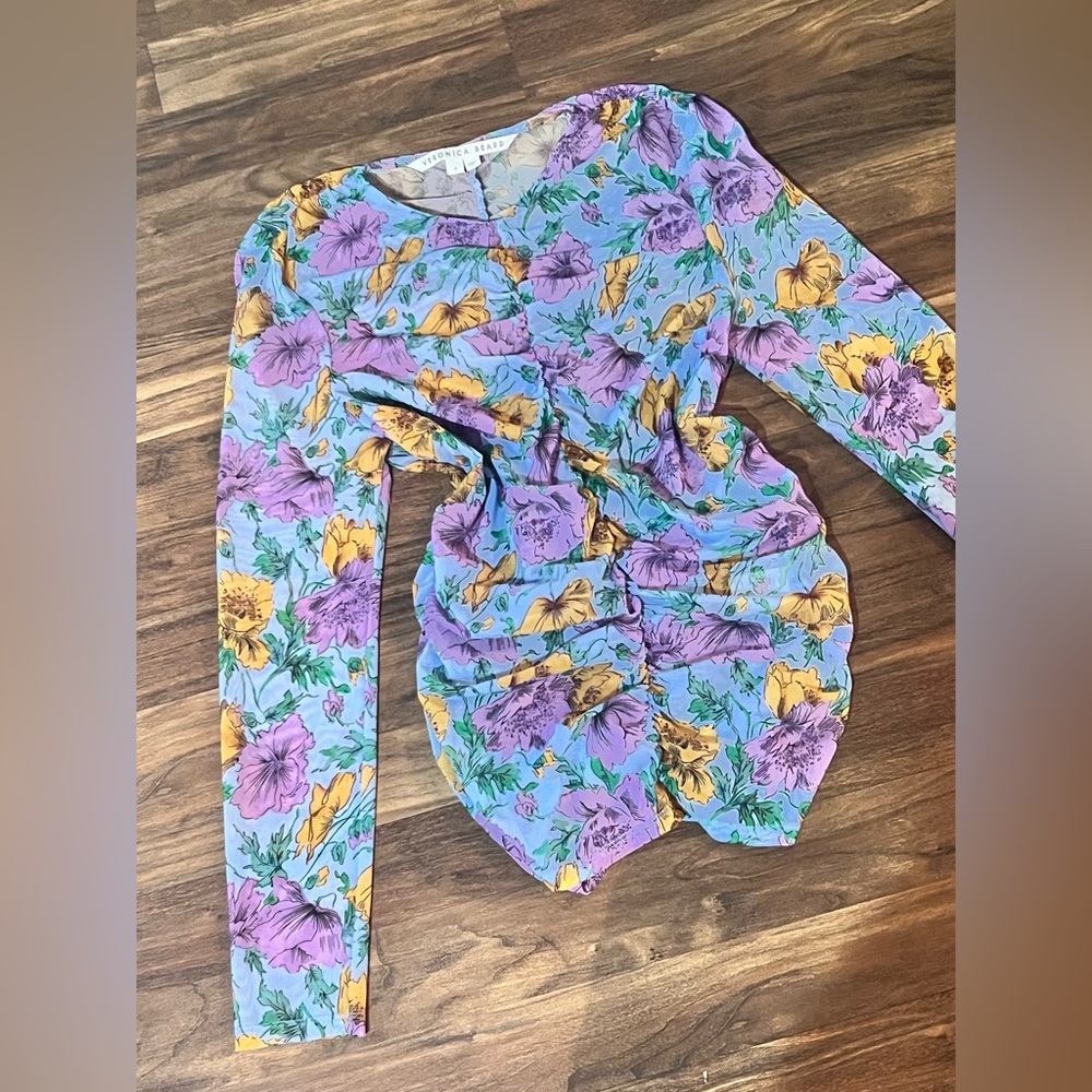 Veronica Beard Lavender Floral Long Sleeve Top with Yellow Accents
